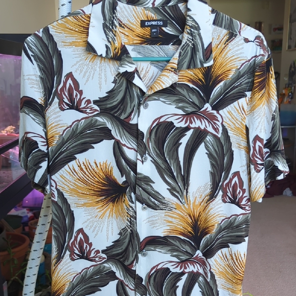 Express Casual Button Down Shirt White and Yellow